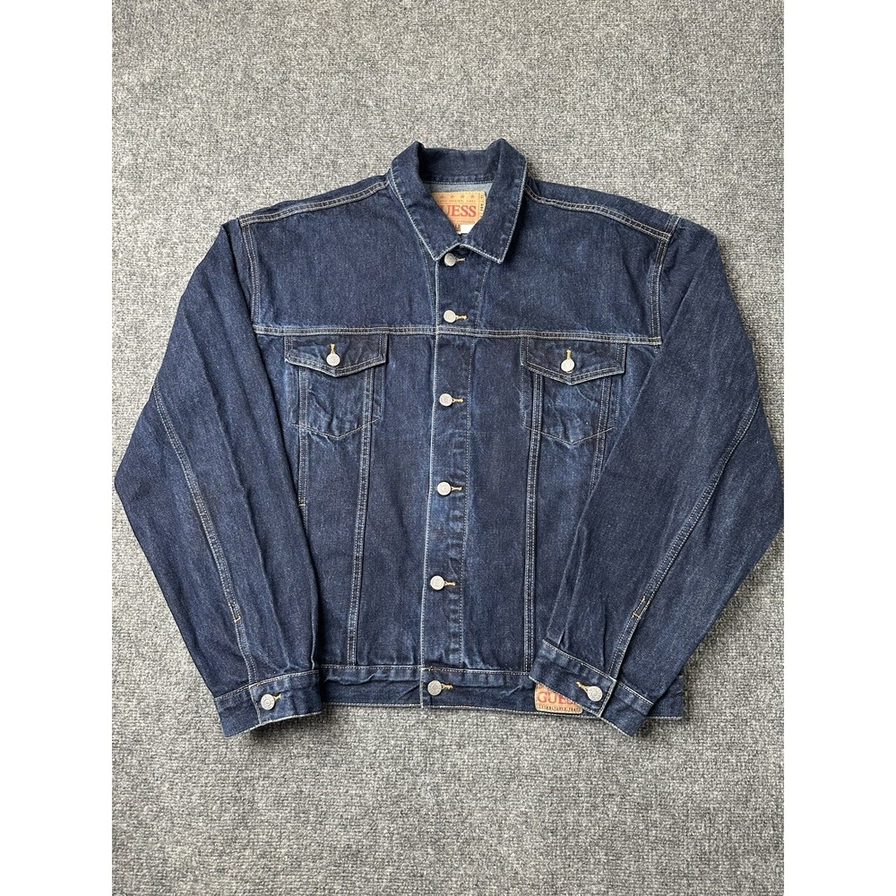 Mens Denim Jacket Guess USA Blue Trucker Button Front, Size XXL